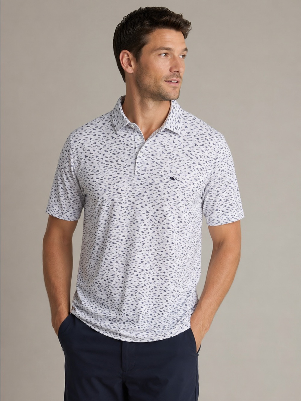 Vineyard Vines White Polo with Navy Whale Micro-Print